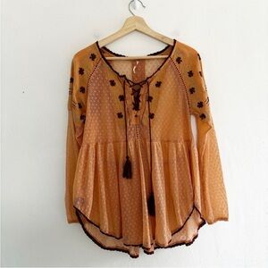 Free People Orange Embroidered Blouse